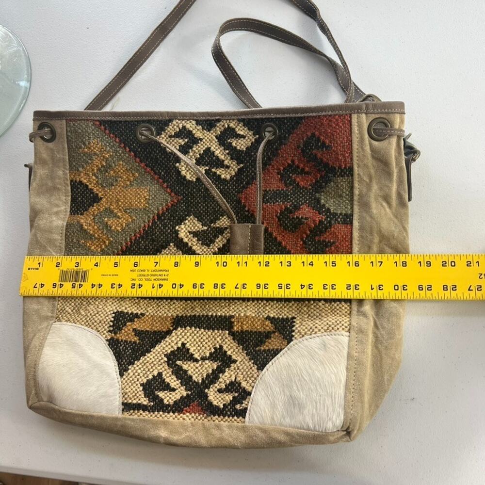 OHLAY Bucket Bag Milano Espec Drawstring Hair-On Genuine Leather Aztec Rug Woven - Picture 14 of 15